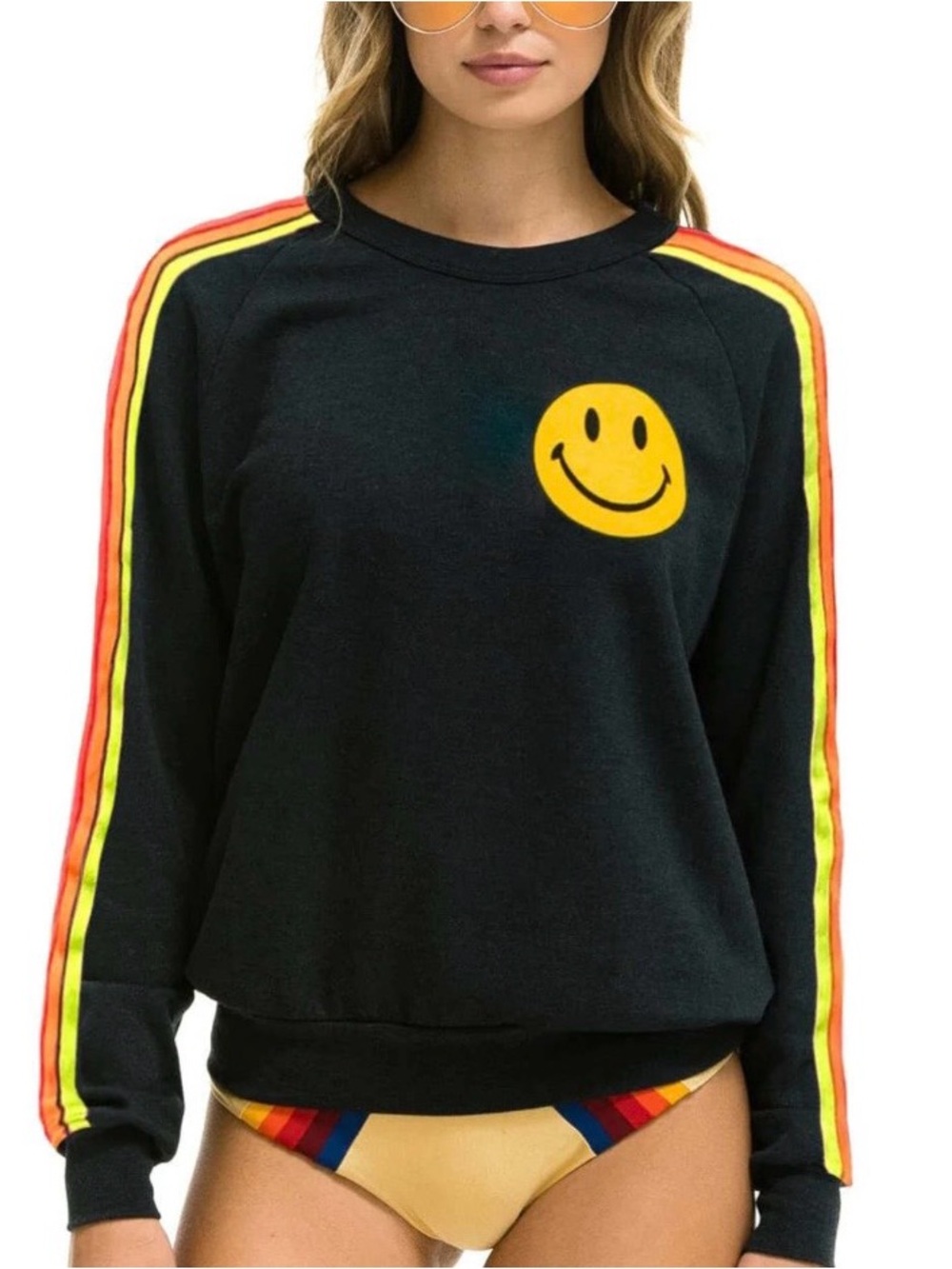 AVIATOR NATION 5 STRIPE SMILEY CREW SWEATSHIRT CHARCOAL.XS